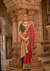 Red contrasting blouse on Jacquard Weaved Banarasi Design saree With Stone Work | Banarasi Saree
